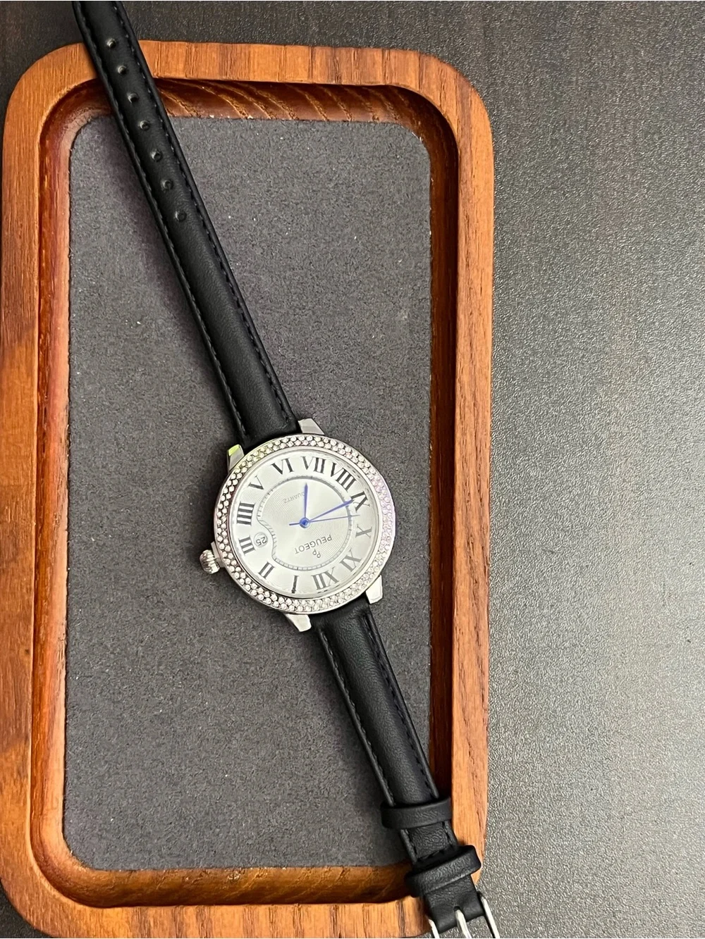 Peugeot Silver Crystal Bezel Watch with Black Strap